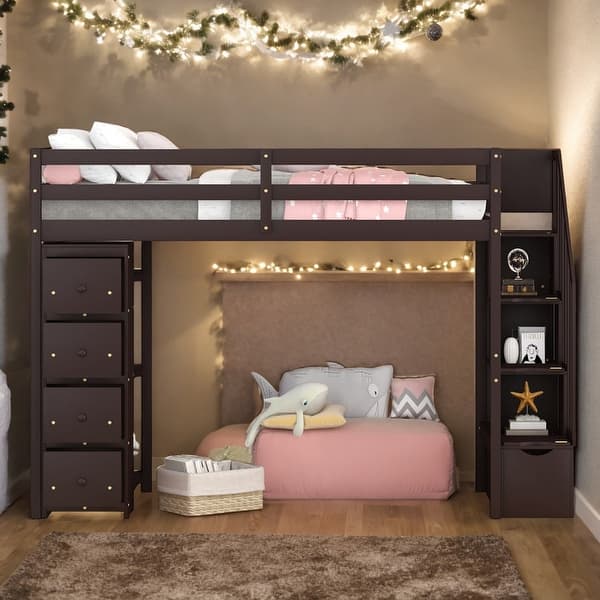 slide 2 of 14, Modern Twin Size Loft Bed With 4 Storage Drawers,Shelves and Stairs,Solid Construction Espresso