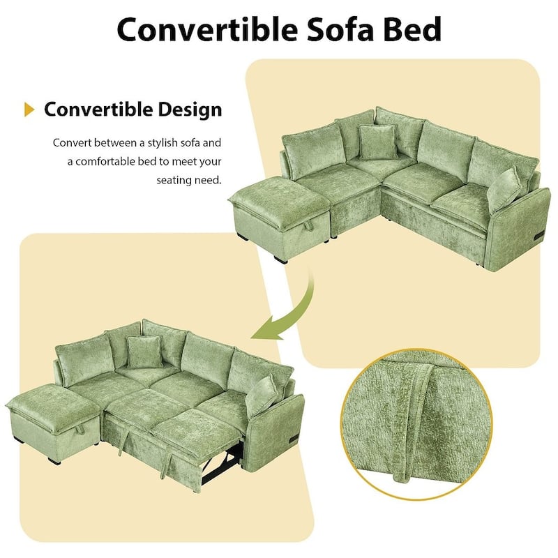 Modern Pull-Out Sleeper Sectional Sofa Bed with Storage Storage Ottoman