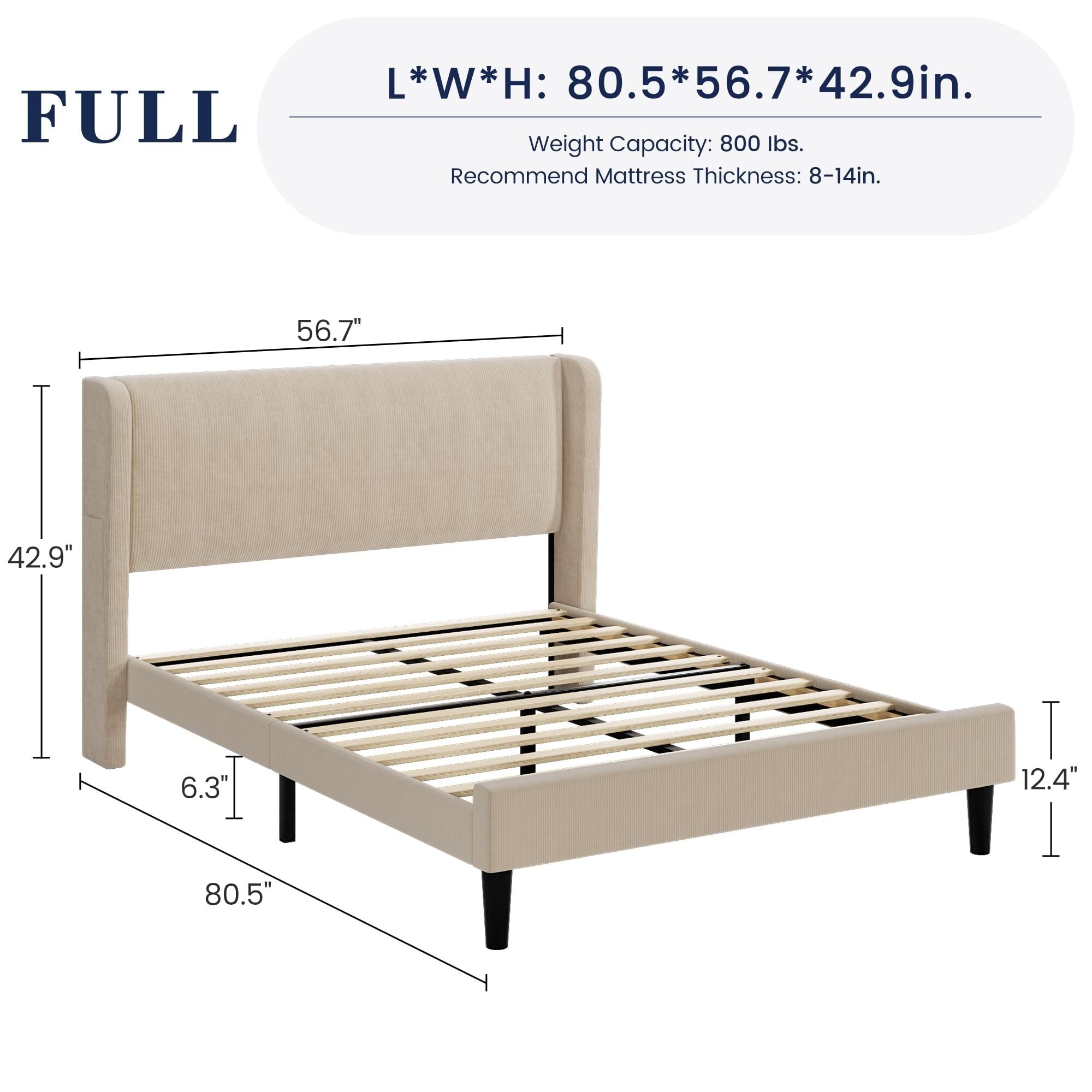 Platform Bed Frame with Upholstered Wingback Headboard