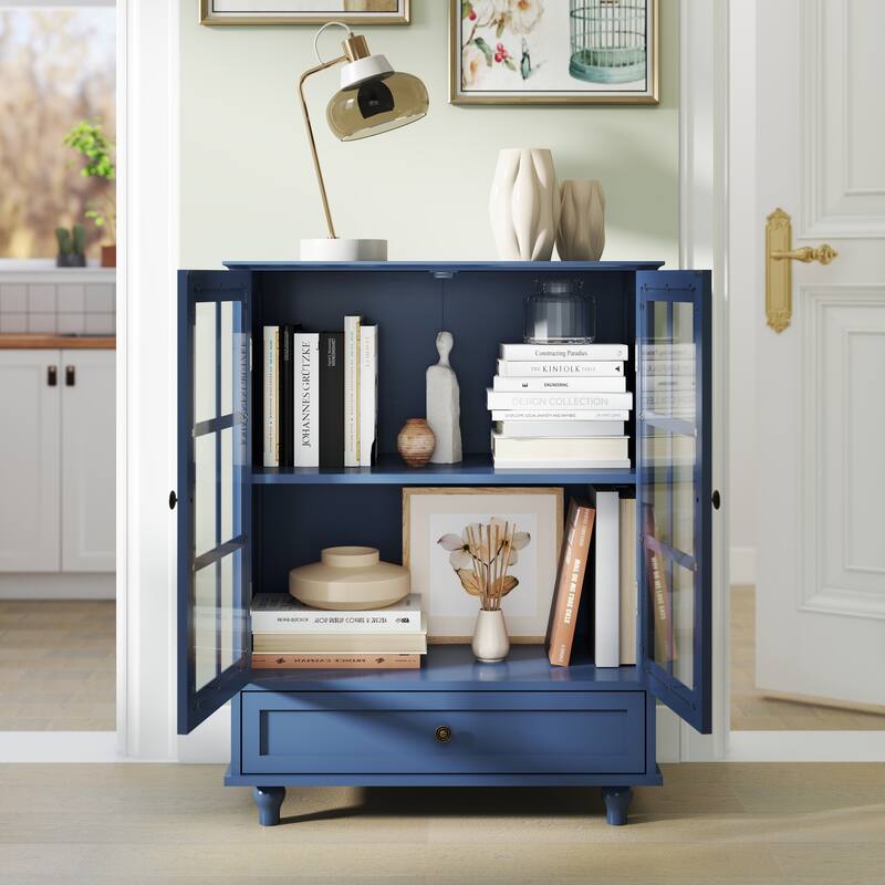 Buffet Cabinet with 2 Glass Doors & Drawer, Multifunctional Wooden Storage Cabinet, Coffee Bar Table with Adjustable Shelf