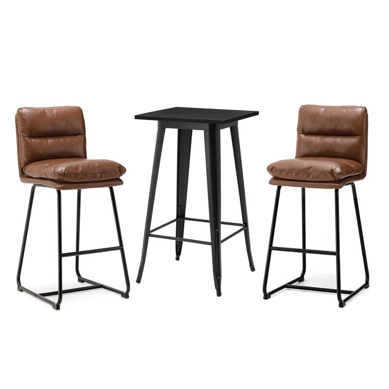 Glitzhome 3-Piece Bar Height Dining Table Set Round Pub Table & Faux Leather Bar Stools