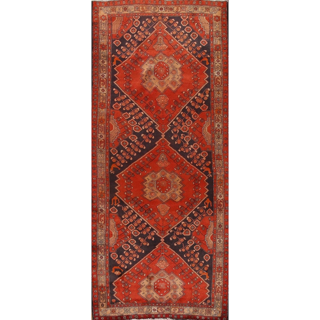 Geometric Zanjan Persian Vintage Area Rug Hand-knotted Wool Carpet - 4'11"x 12'11"