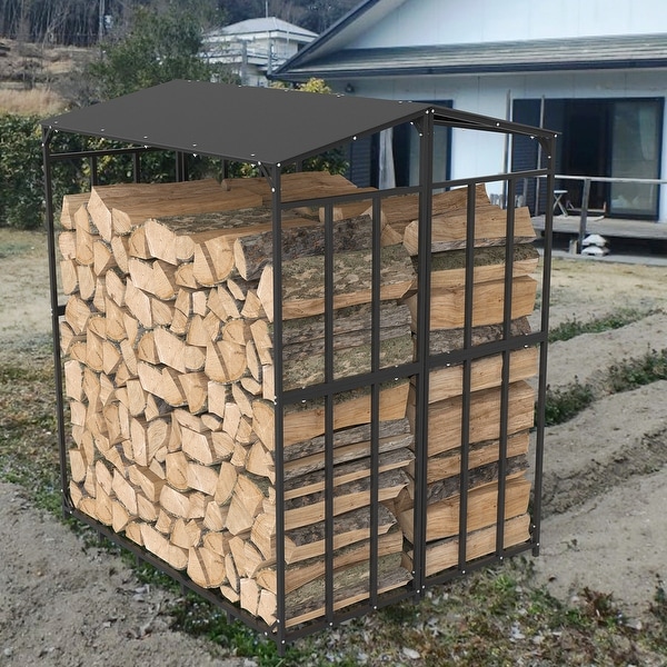Tall Metal Firewood Wood Log Store Rack Storage Stand with Top