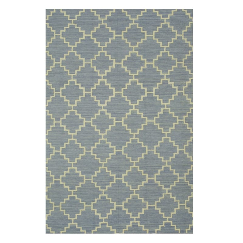 Blue Wool Flatweave Reversible Rug 5x8 - Subtle Trellis Pattern with Soft and Durable Texture - N/A