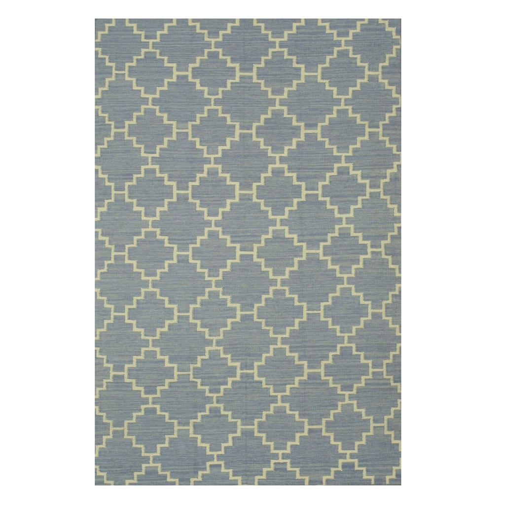 Blue Wool Flatweave Reversible Rug 5x8 - Subtle Trellis Pattern with Soft and Durable Texture - N/A