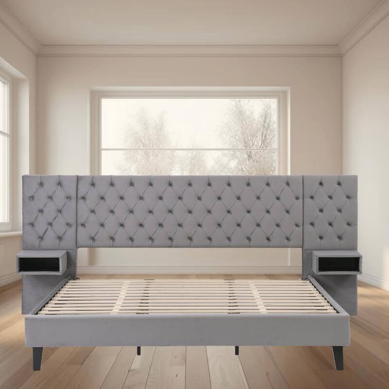 Luxurious King Size Platform Bed Frame with Velvet Upholstered Headboard, Diamond Tufted and 2 Nightstands for Bedroom - Grey - King