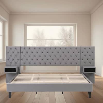 Luxurious King Size Platform Bed Frame with Velvet Upholstered Headboard, Diamond Tufted and 2 Nightstands for Bedroom
