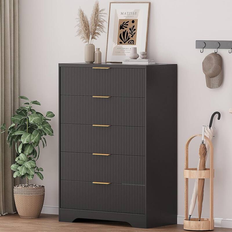 5 Drawers Fluted Dresser Storage Organizer for Bedroom, Living Room, Hallway - Black