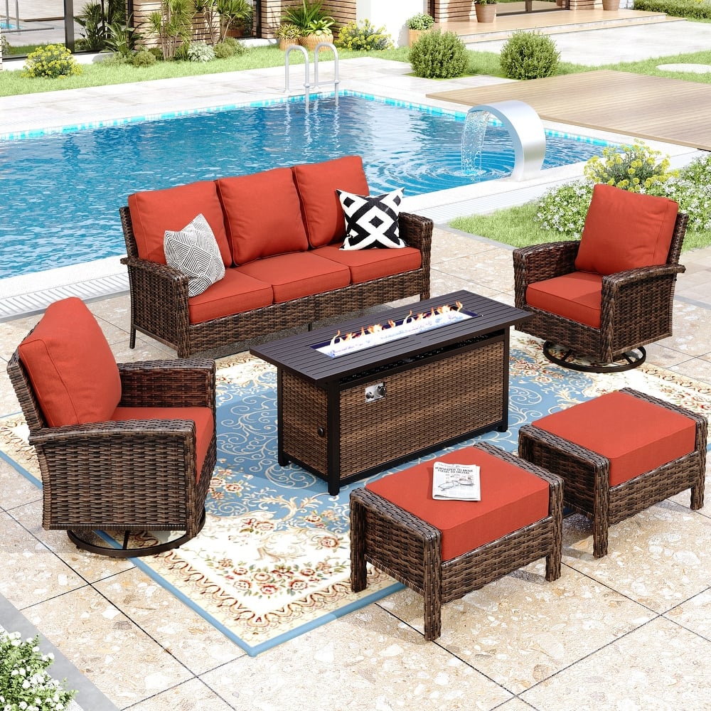 MAISON ARTS Patio Wicker Sofa Conversation Set with 50,000 BTU Fire Pit Table , Oversize Seat with 5.5'' Thick Padded Cushion