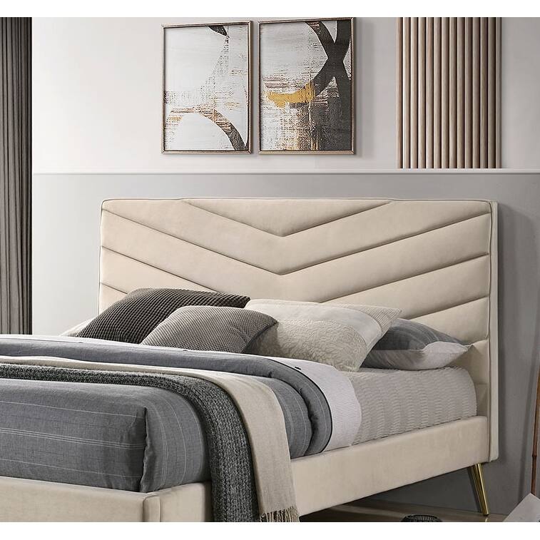 King Size Flannelette Mid-Century Modern Platform Bed with Chevron Tufted Headboard, Padded Upholstery and Gold Angled Legs