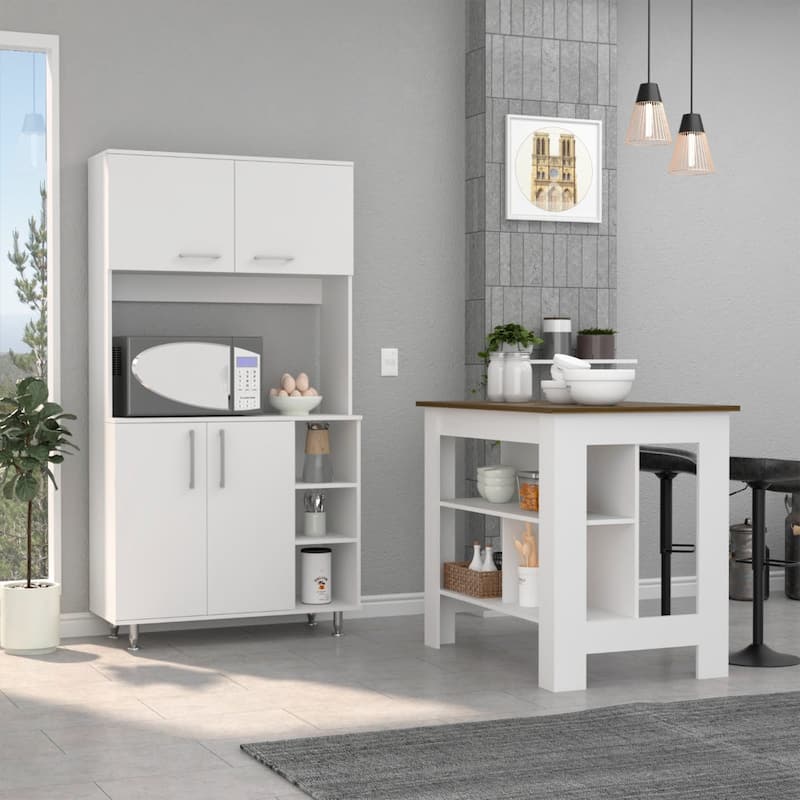 Ralston 7-Shelf 4-Door 2-piece Kitchen Set, Kitchen Island and Pantry Cabinet White and Walnut - White