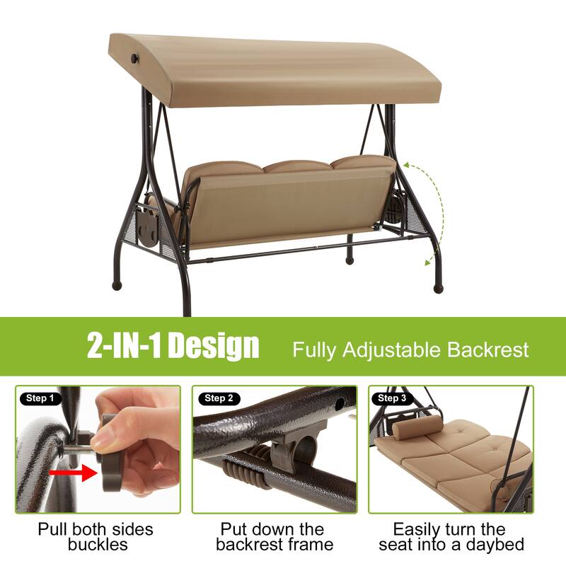 3-Seat Outdoor Porch Swing with Adjustable Canopy & Stand, Convertible Bed, All-Weather, Thickened Cushions & Cup Holders