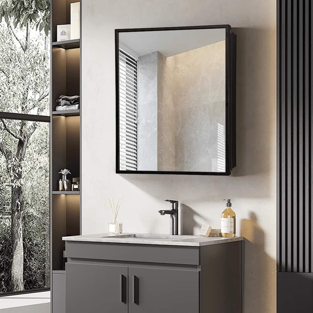 Medicine Cabinet Mirror, Wall-Mounted or Recessed Installation, Black Iron Powder Material, Removable Shelf for Bathroom
