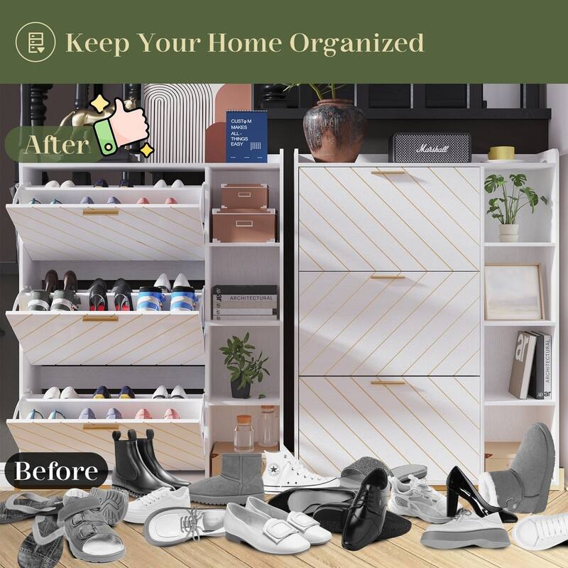 Shoe Cabinet with 3 Flip Drawers and Open Shelves