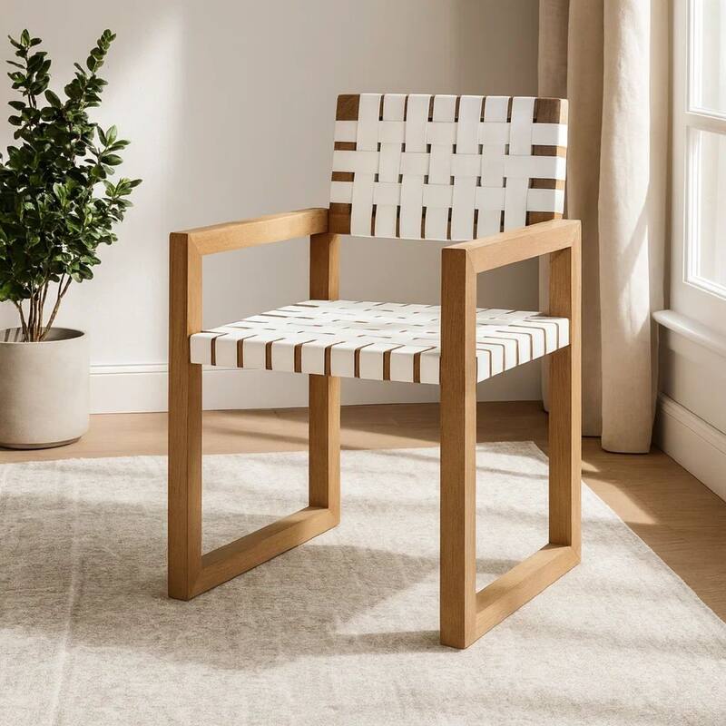 Rux Dining Armchair, Faux Leather Woven Seat, Sled Leg, White, Brown