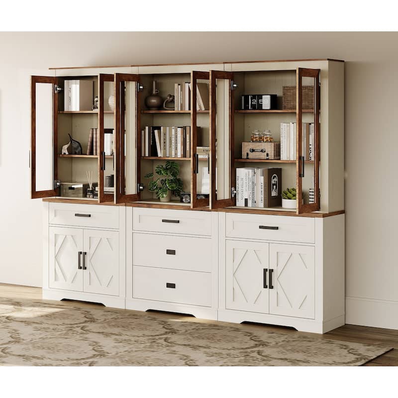 3-Column 73.3" Tall Bookshelf Set with Open Storage and Glass Doors