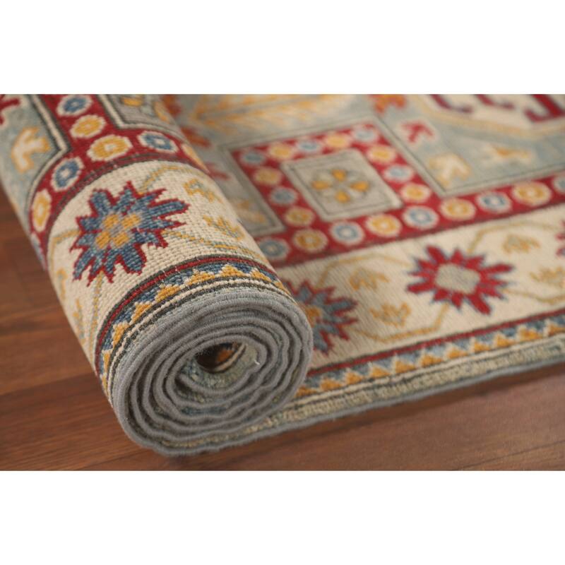 Geometric Kazak Runner Rug Handmade Traditional Blue Wool Carpet - 2'8" x 13'6"