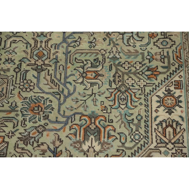 Hand Knotted Oriental 100% Wool Carpet Traditional Floral Green Tabriz Area Rug - 9' 5'' X 6' 5''