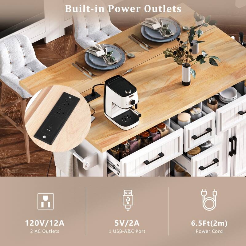 56.5'' Kitchen Island with Drop Leaf, Power Outlet, Embossed Vertical Stripe and Adjustable Shelves