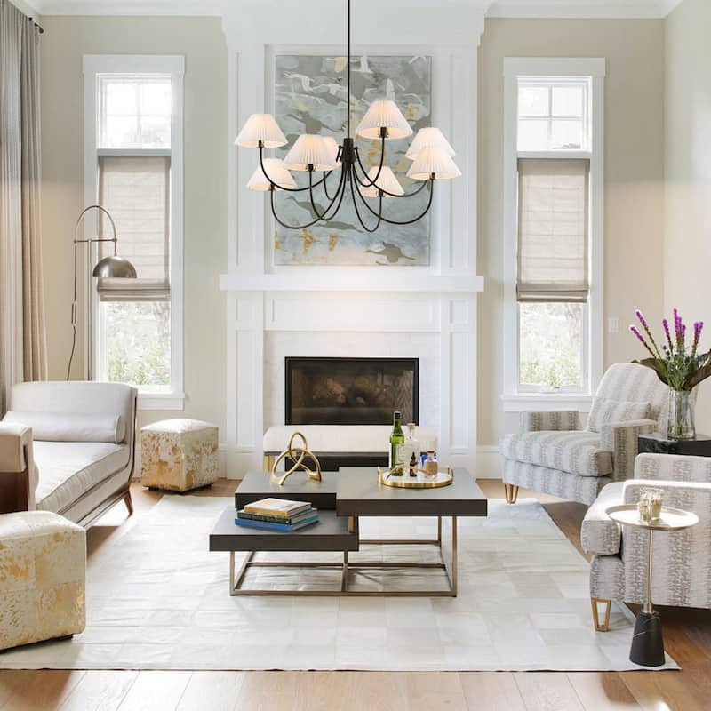 8/5-Light Mid-Century Modern Gold/Black Chandelier with Pleated Fabric Lampshades Hanging Light for Living Room, Dining Room