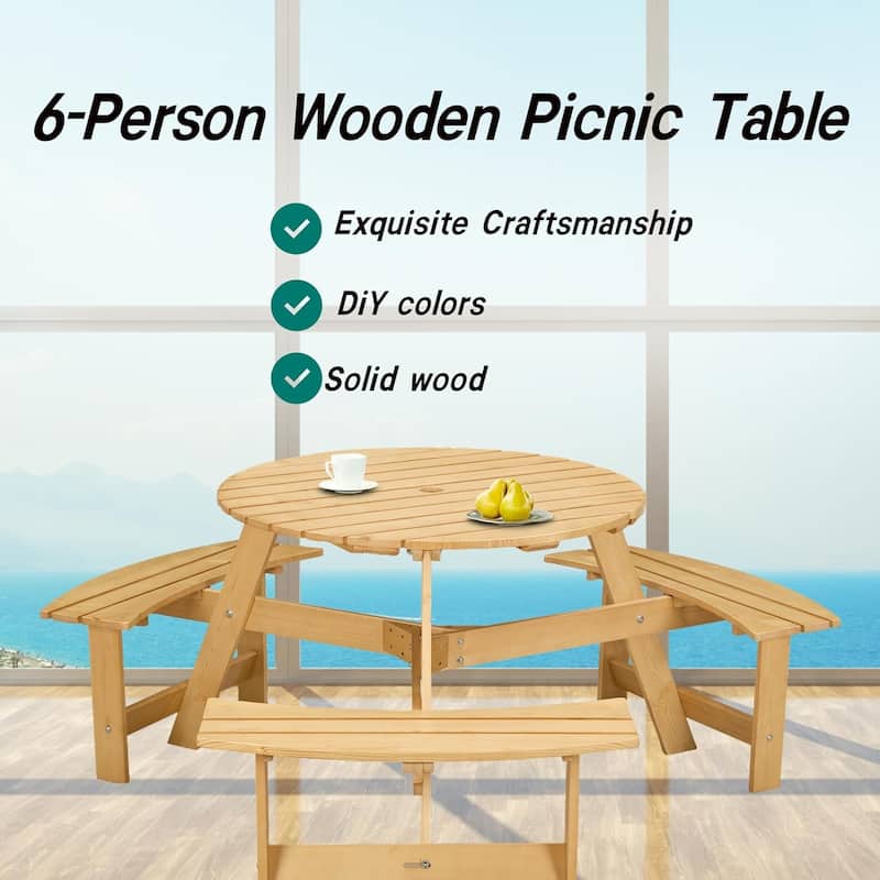 Roomfitters Outdoor 6 Person Picnic Table, 6 person Round Picnic Table with 3 Built-in Benches, Natural