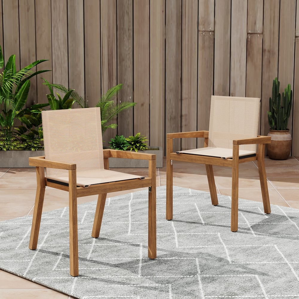 Belfast Outdoor Acacia and Mesh Dining Chairs (Set of 2) by Christopher Knight Home