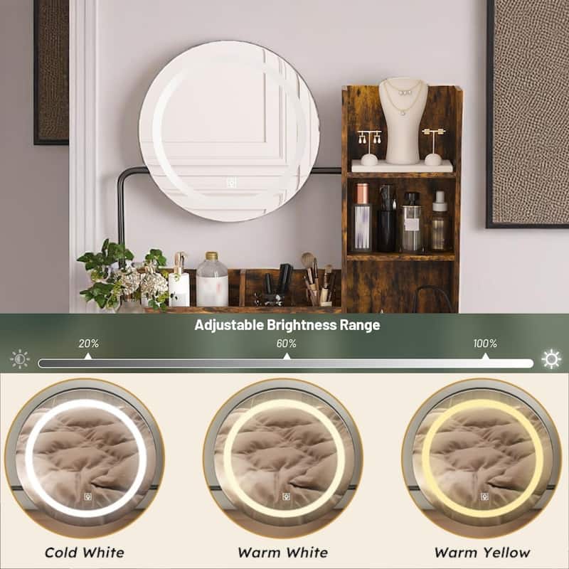 KISRAIS 31.4" Fashion Vanity Desk with Mirror and Lights, Cushioned Stool, Power Station, and Hair dryer bracket