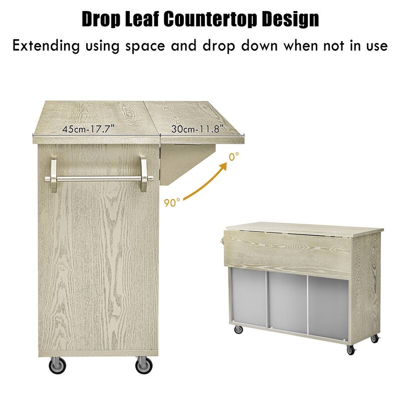 Rolling Kitchen Island with Drop Leaf, Ash Veneer Handwoven Doors, Internal Storage Rack, and Wheels - 51.2" Coastal Design