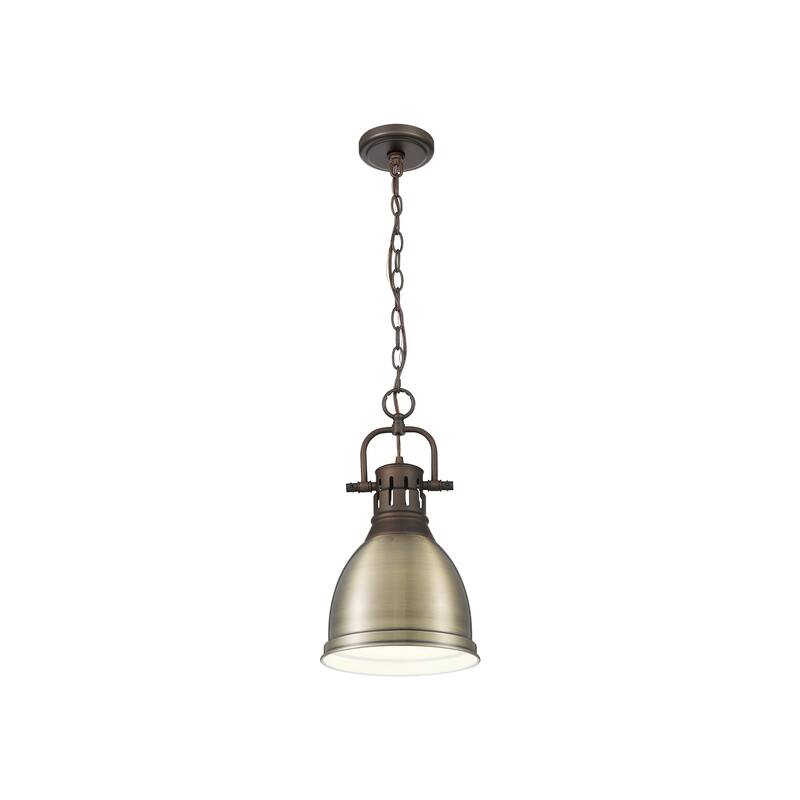 Yep by Golden Lighting Duncan 1-light 9in Chain Hung Pendant in Rubbed Bronze and Aged Brass shade