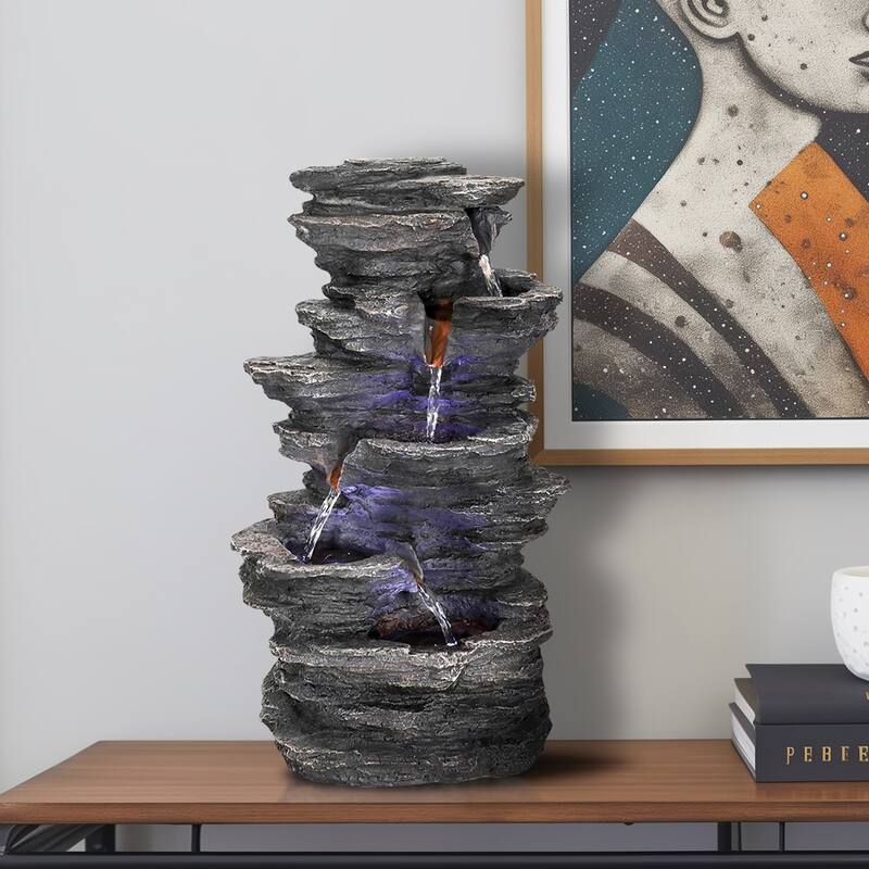 4-tiers Indoor Water Fountains Rockery Waterfalls Office Table Top Garden Decor - 15.7"H