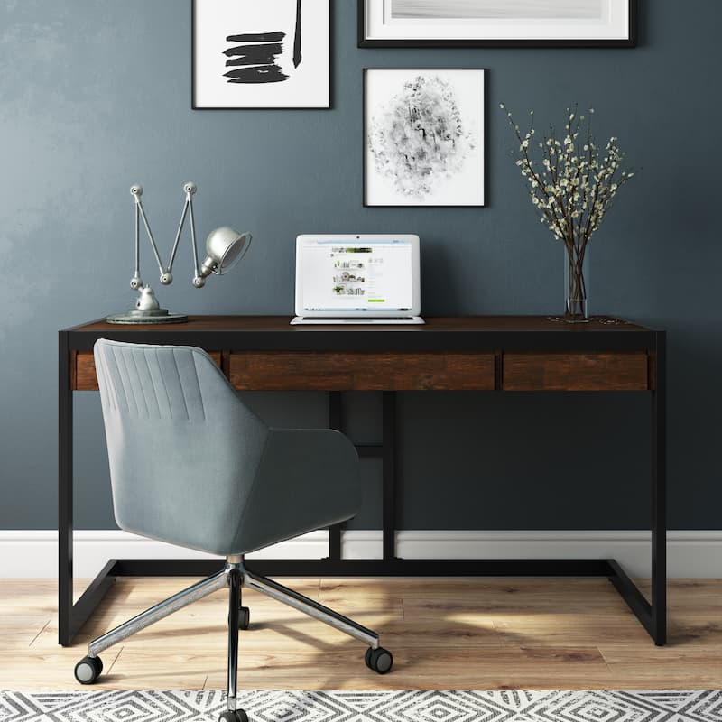 WYNDENHALL Cecilia Solid Acacia Wood Industrial Office Desk - Farmhouse Brown