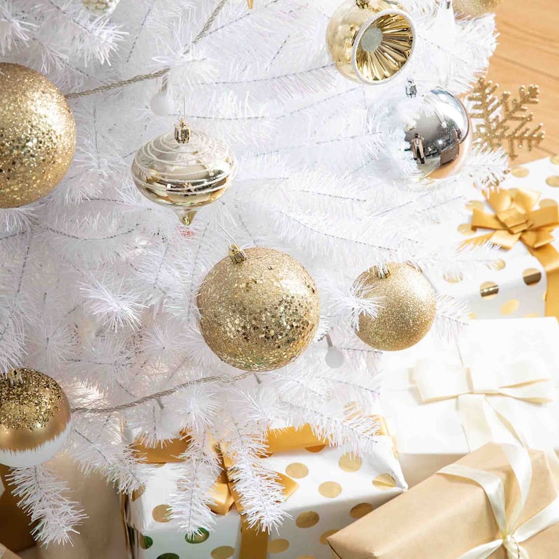 Glitzhome 191-Piece Glitter Ribbon Bow Gold Silver Ball Shatterproof Ornaments Xmas Tree Decor