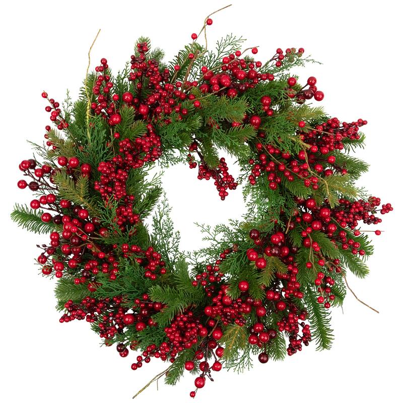 Cedar Pine and Red Berries Artificial Christmas Wreath - 28" - Unlit
