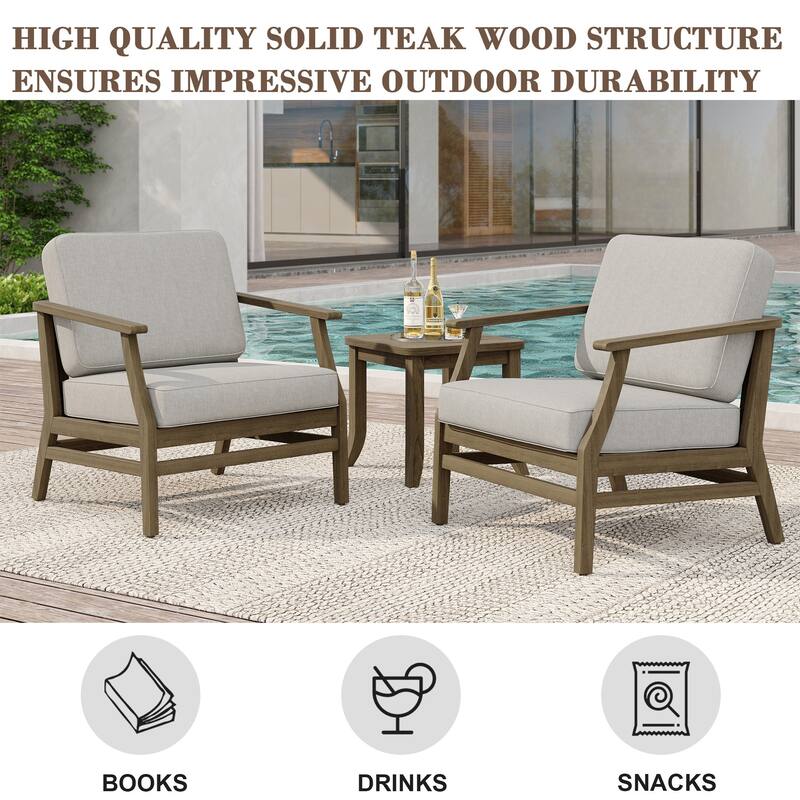 2 Set Patio Teak Wood Outdoor Chair and Side Table Set with Cushions