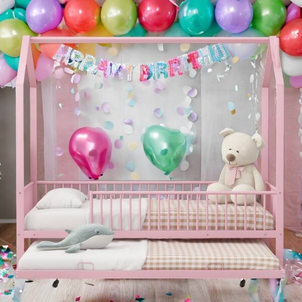 slide 2 of 28, 2 Color Twin Size Metal House Bed with Fence, Kids Bed with Trundle Pink