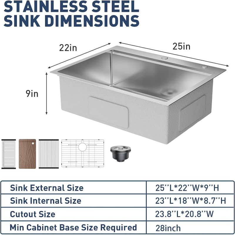 25"X22"X9" Undermount Kitchen Drop In Sink for Easy Installation with Cutting Board