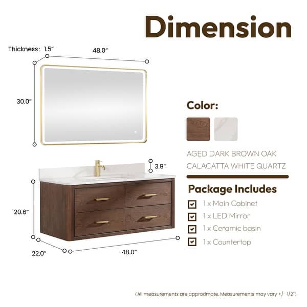 dimension image slide 1 of 10, Cristo Floating Bath Vanity with White Quartz Stone Top and Mirror