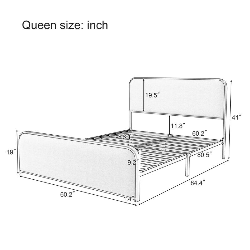 Gold Modern Metal Bed Frame with Curved Upholstered Headboard