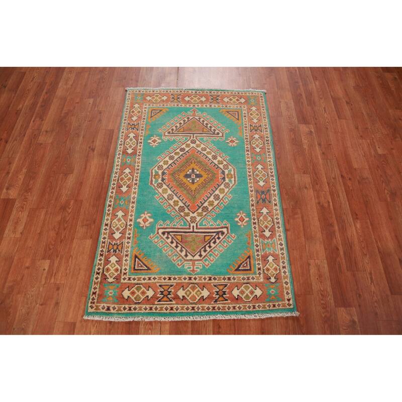 Turquoise Green Kazak Foyer Rug Hand-Knotted Wool Carpet - 2'9"x 4'2"
