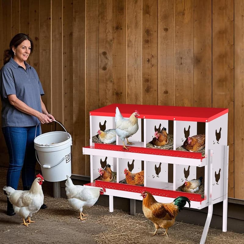 Wall-Mount or Free-Standing Metal Chicken Nesting Box for Hens, Red with Legs