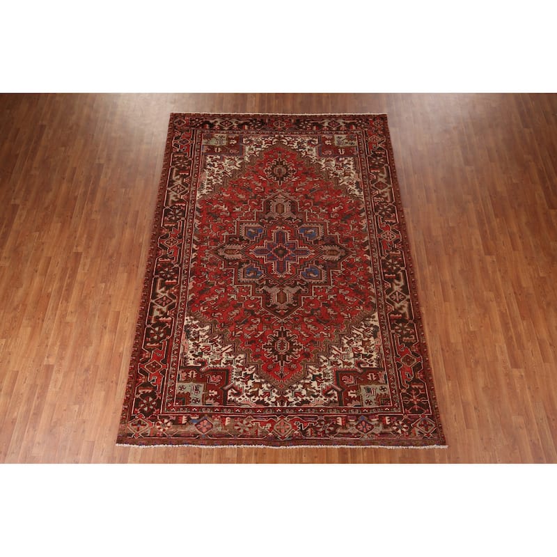 Geometric Heriz Persian Vintage Area Rug Hand-Knotted Red Wool Carpet - 7'5"x 10'9"