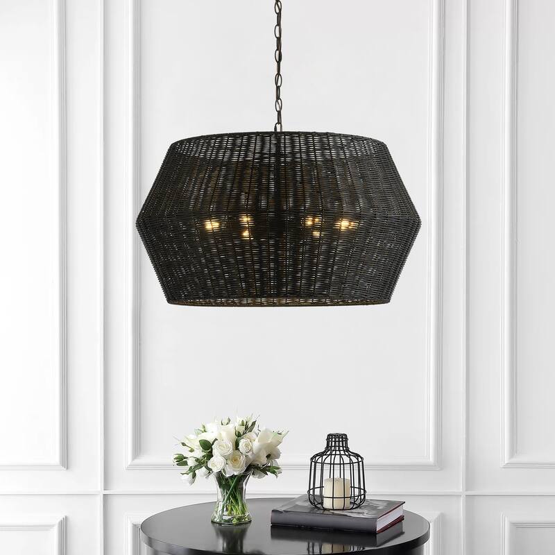 Matte Black 6-Light Natural Handwoven Rattan Pendant Lighting Fixture