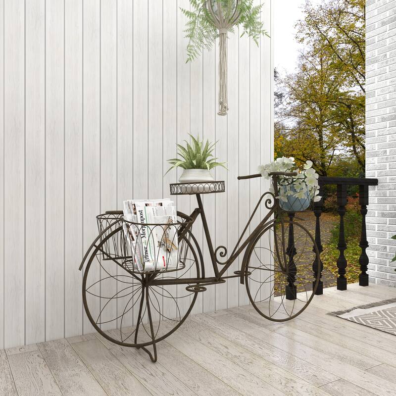Brown Metal Indoor Outdoor Wire Floral Scrolled Bike Indoor Outdoor Plantstand with Basket and Saddle Bag Planters