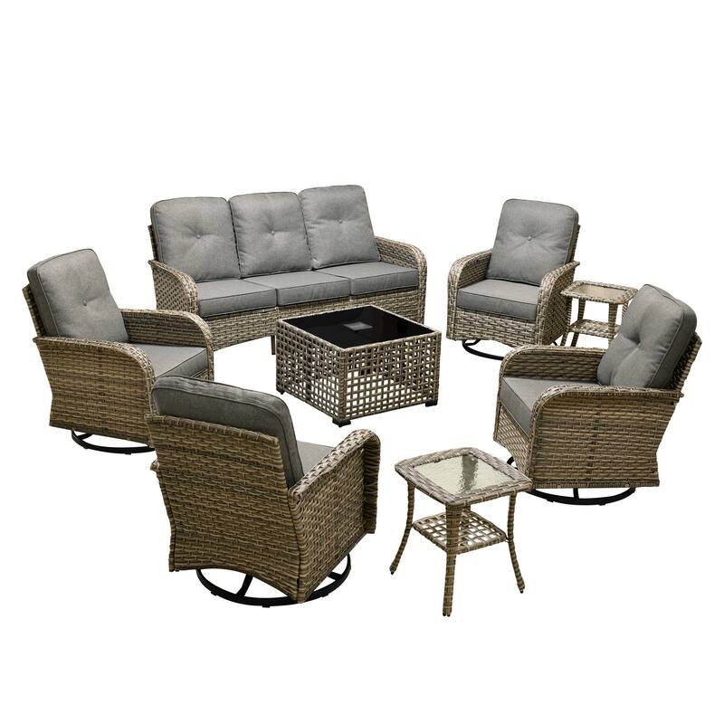 HOOOWOOO 8-piece Patio Wicker Rattan Swivel Rocking Chair Set with Solar-powered Table