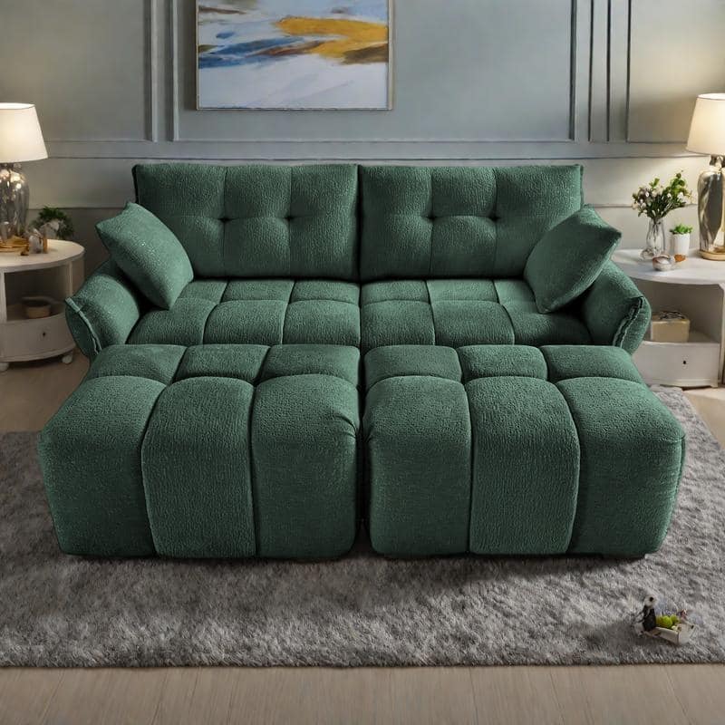 78.7" Chenille 2-Seater Sofa Set with 2 Ottomans and Throw Pillows, Plush Deep Seating Design