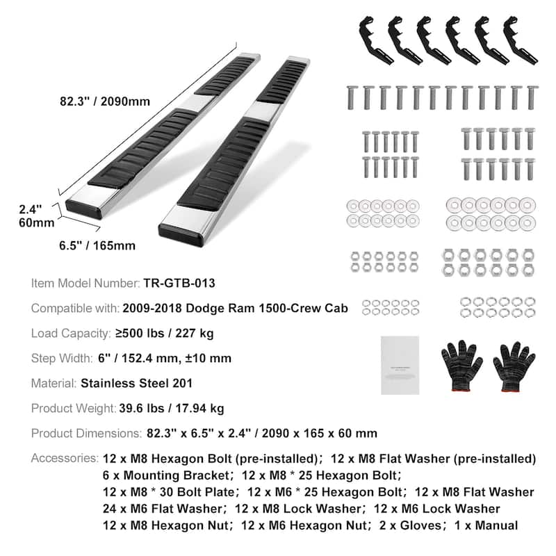 Running Boards, 6" Step Bars Compatible with 2009-2018 Dodge Ram 1500/2010-2023 Ram 2500/3500 Crew Cab