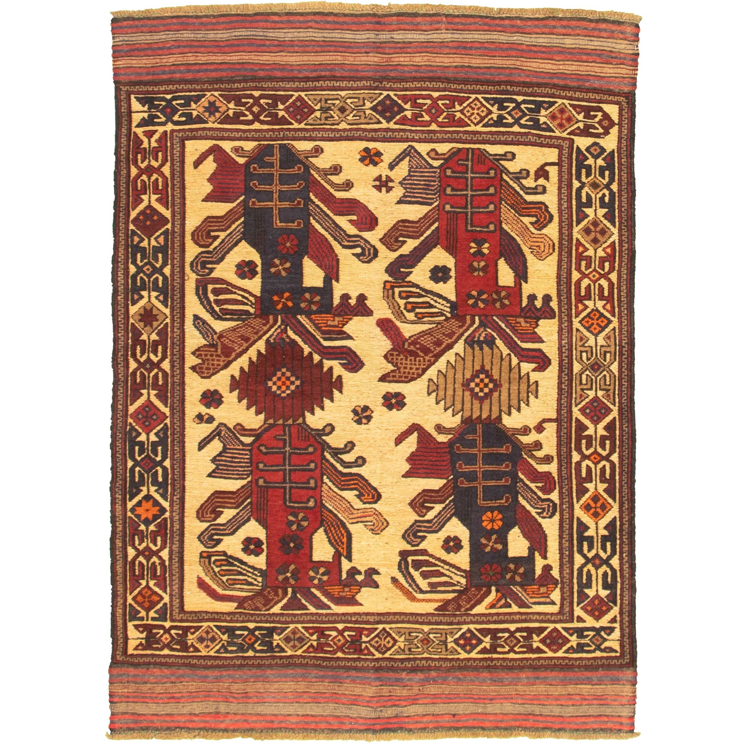 eCarpet Gallery Area Rug for Living Room Bedroom 346350 Hand-Knotted Wool Rug Bold and Colorful Bordered Red Kilim 4'3 x 5'10 