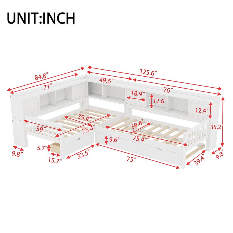 L-shaped Bunk Platform Bed Twin Size Solid Wood Storage Bedframe with Trundle, Drawer and Open Shelves for Boys, Girls, Kids