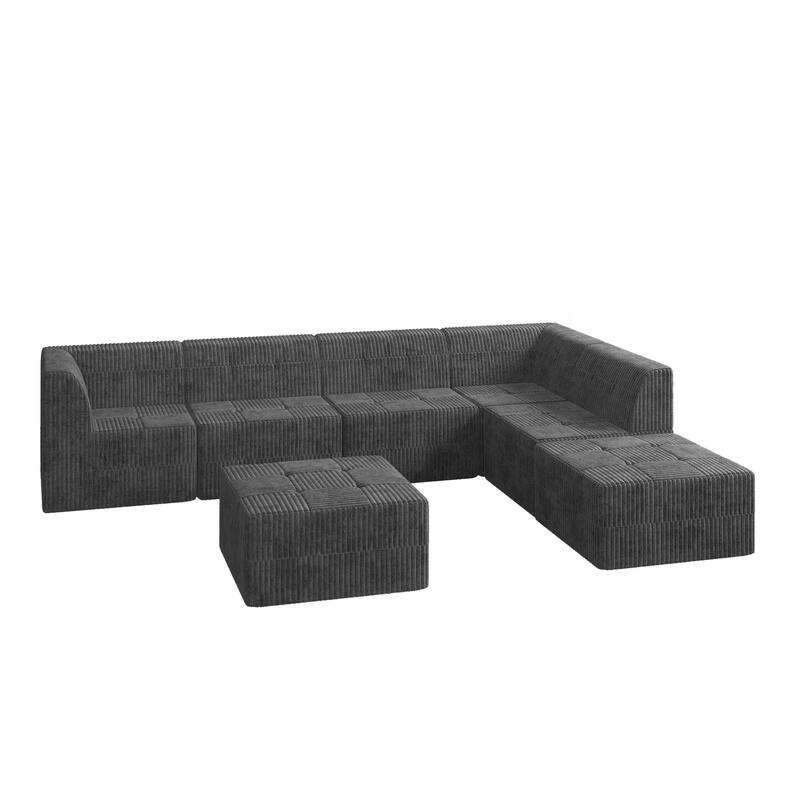 Roomfitters L-Shape Modular Sectional Sofa with Ottoman, Corduroy Sleeper Couch, Space-Saving Design for Living Room