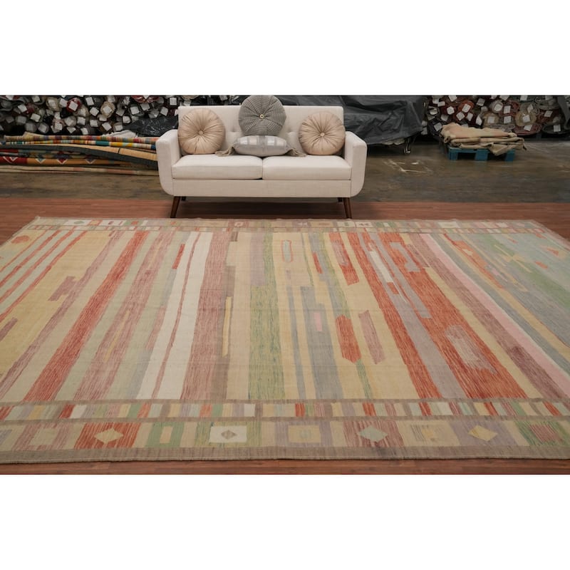 Hand Woven Oriental 100% Wool Carpet Southwestern Tribal Multi-Colored Kilim Area Rug - 12' 11'' X 10' 0''